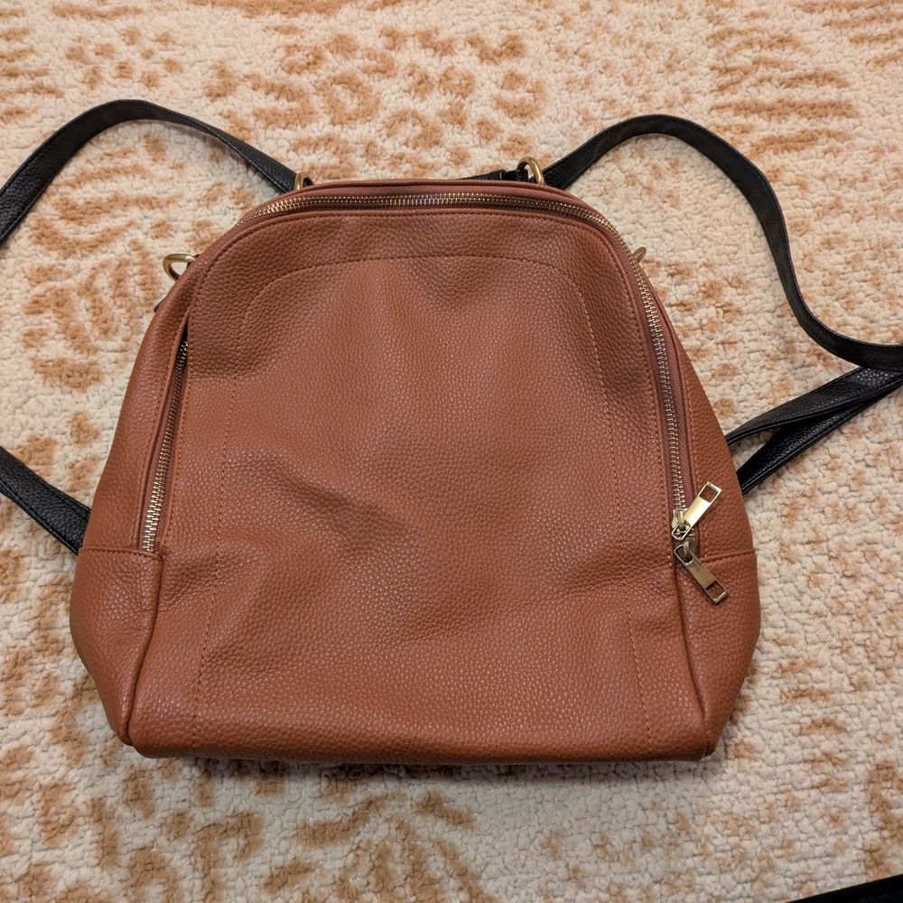 Roolee Caramel Leather Front Zip Backpack Purse - Picture 14 of 16